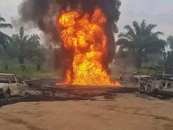 Fire from explosion resulting from Crude oil theft in River State Svg%3E